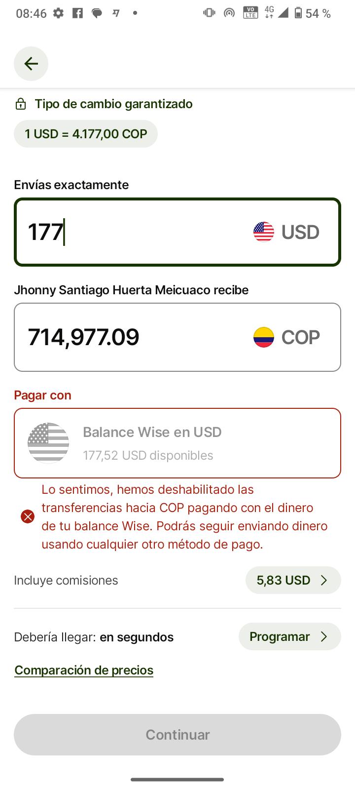 Captura de pantalla del mensaje de Wise